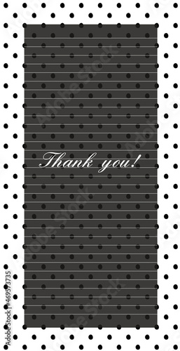 Business card with message Thank you! phrase to client with gratitude, vector. Decoration polka dot frame lined card with place for copy space text. Dots background, dot backdrop.