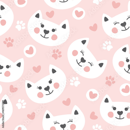  Childish seamless pattern.Cute cats face. Vector hand drawn illustration.