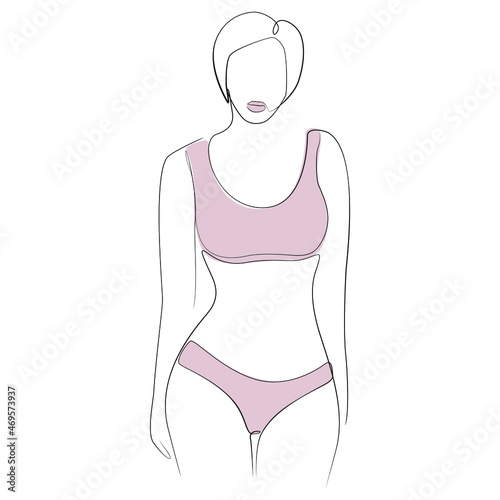 Woman stands dressed in panties and top one line art on white isolated background. Vector illustration