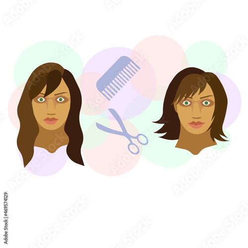 Woman and her hair before and after haircut on white isolated background, vector female hairstyle in dynamic in Flat design style, concept of Hairstyle and Haircut, Style and Beauty transformation.