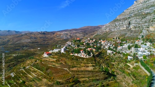 Aerial view of the lebanese village and mountains in sunny weather