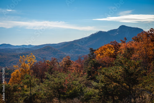 Brilliant fall foliage with Blue Ridge Mountains of South Carolina in distance with negative space for copy photo