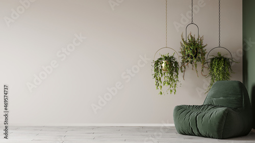 Horizontal view of the waiting area or living room. Lounge zona with hanging flowers and plants. Empty beige and green wall with green soft armchair. Bright room in a minimalistic style. 3d rendering