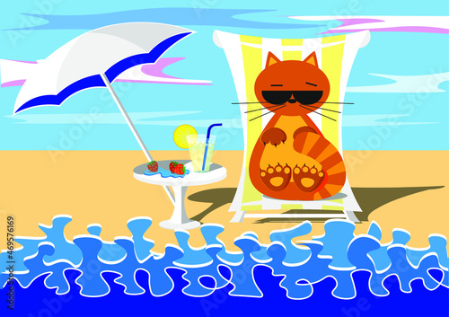 cat on the beach. Vector illustration for tourism advertising