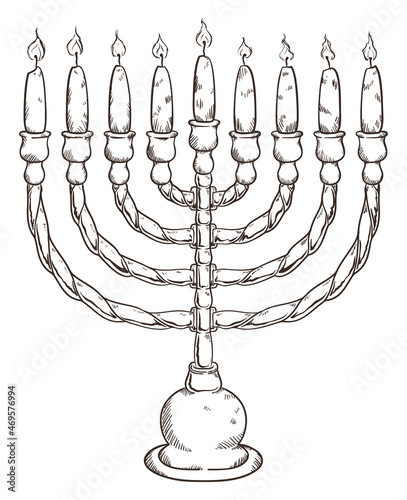 Traditional Chanukiah candelabrum in hand drawn style, Vector illustration