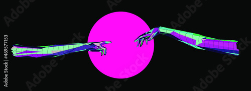 Vector 3D model of hands going to touch together, reminiscent of Michelangelo's artwork. Cyberpunk and vaporwave style art collage.