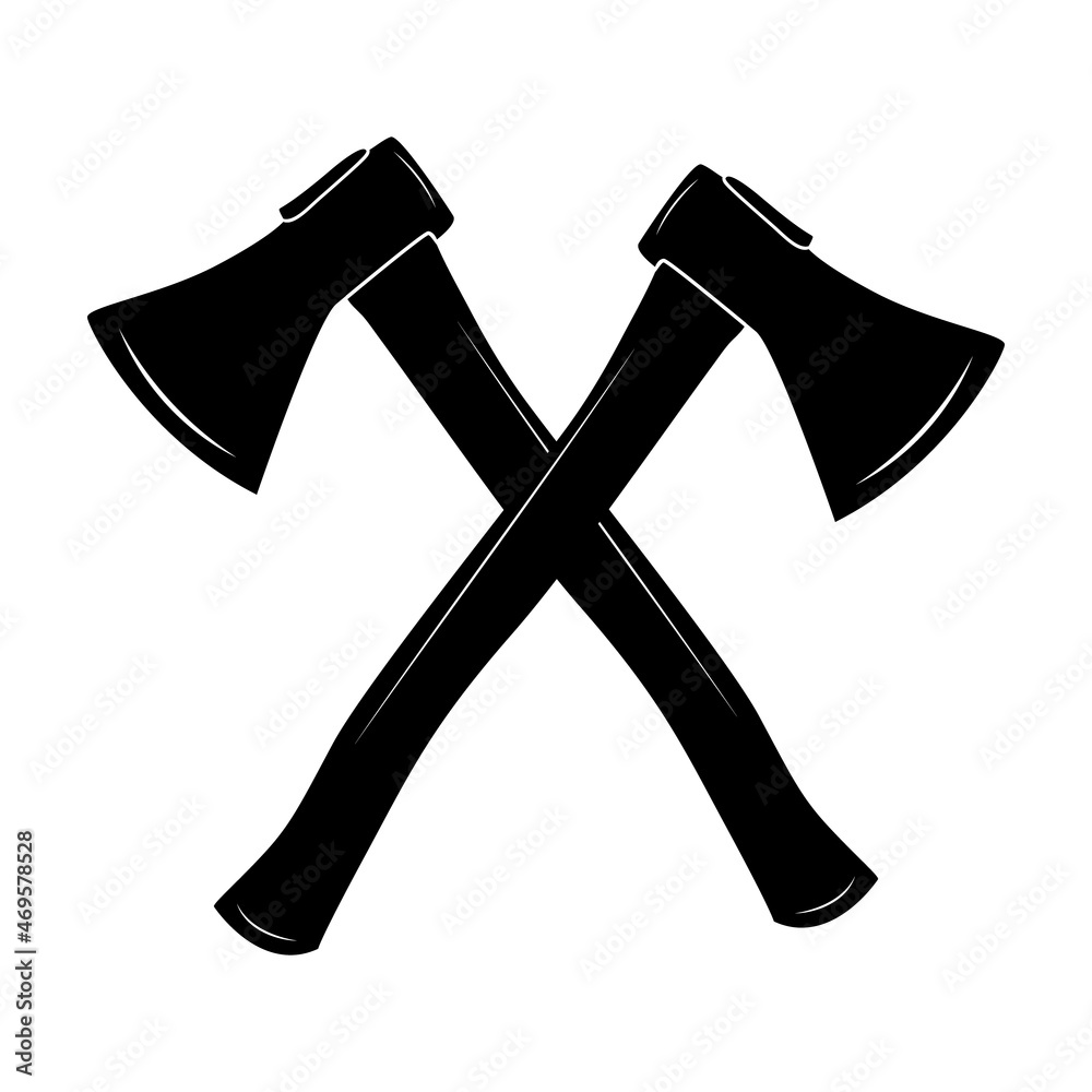 Crossed axes isolated on white background. Black hatchet silhouette. Lumberjack ax icon, symbol or logo. Two camping axes with wooden handles. Cartoon flat simple style sign. Stock vector illustration Crossed axes isolated on white background. Black hatchet silhouette. Lumberjack ax icon, symbol or logo. Two camping axes with wooden handles. Cartoon flat simple style sign. Stock vector illustration