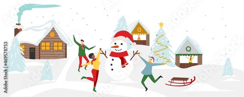 Winter activities concept. Young people throw snowballs and throw snowballs, enjoying the falling snow and winter nature against the backdrop of a country landscape. Vector.