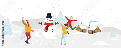 Winter activities concept. Young people throw snowballs and throw snowballs, enjoying the falling snow and winter nature against the backdrop of a country landscape. Vector.