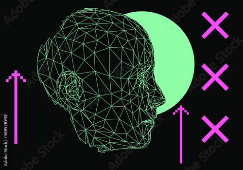 Sci-fi synthwave 80's style illustration of a 3D wireframe mesh of a human head. Concept for Machine Learning, Artificial intelligence and Robotics themes.