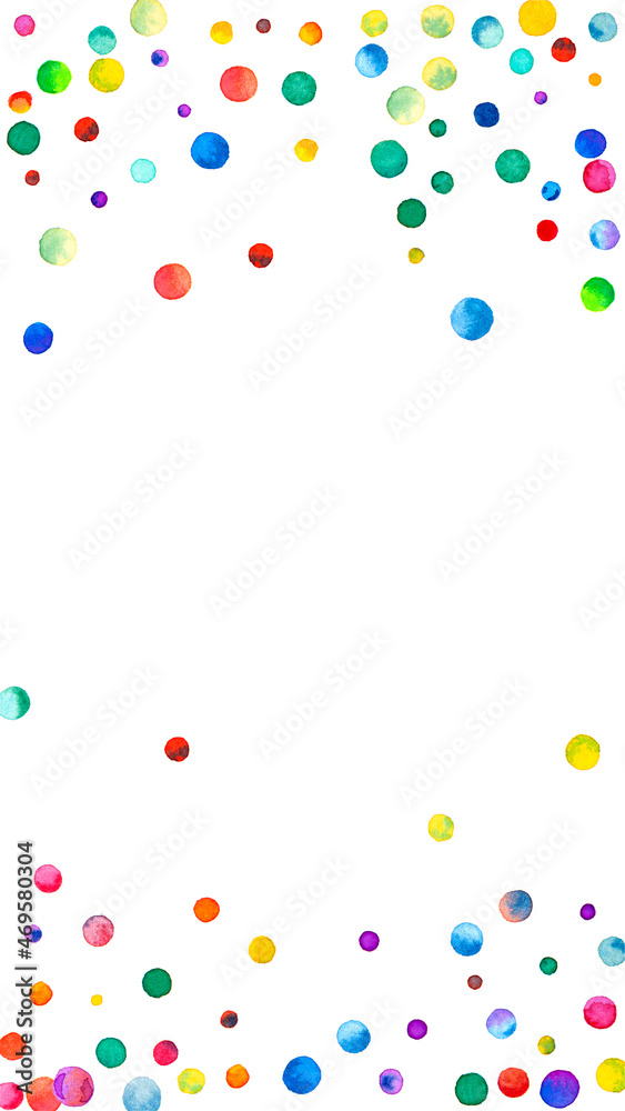 Watercolor confetti on white background. Alive rainbow colored dots. Happy celebration high colorful bright card. Powerful hand painted confetti.