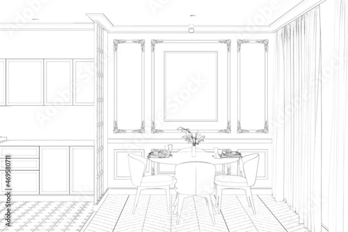 Sketch of the modern classic kitchen and dining room with the blank vertical poster above the round dining table, a wall with classic moldings, kitchen cabinets. 3d render