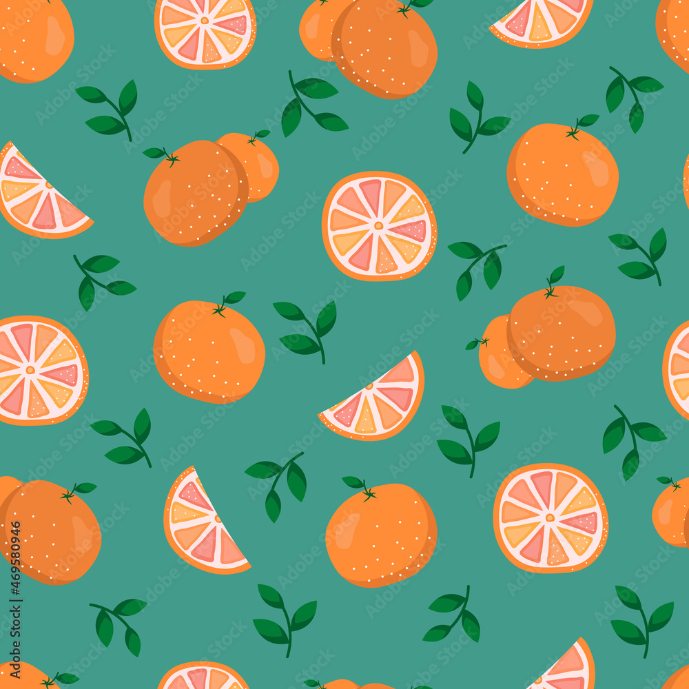 seamless pattern, abstract doodle oranges with leaves, background with fruits, tangerines on a green background seamless pattern, abstract doodle oranges with leaves, background with fruits, tangerines on a green background