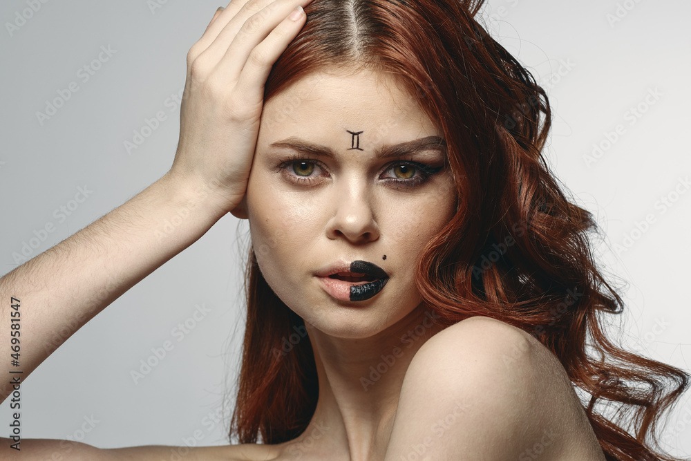 Naklejka premium pretty woman defensive shoulders posing cosmetics zodiac sign Gemini