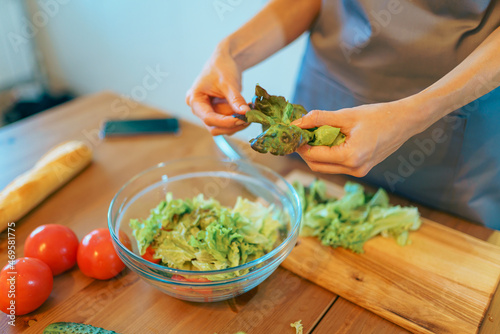 Woman preparing vegetable meal, Vegetarian cooking healthy food in modern kitchen