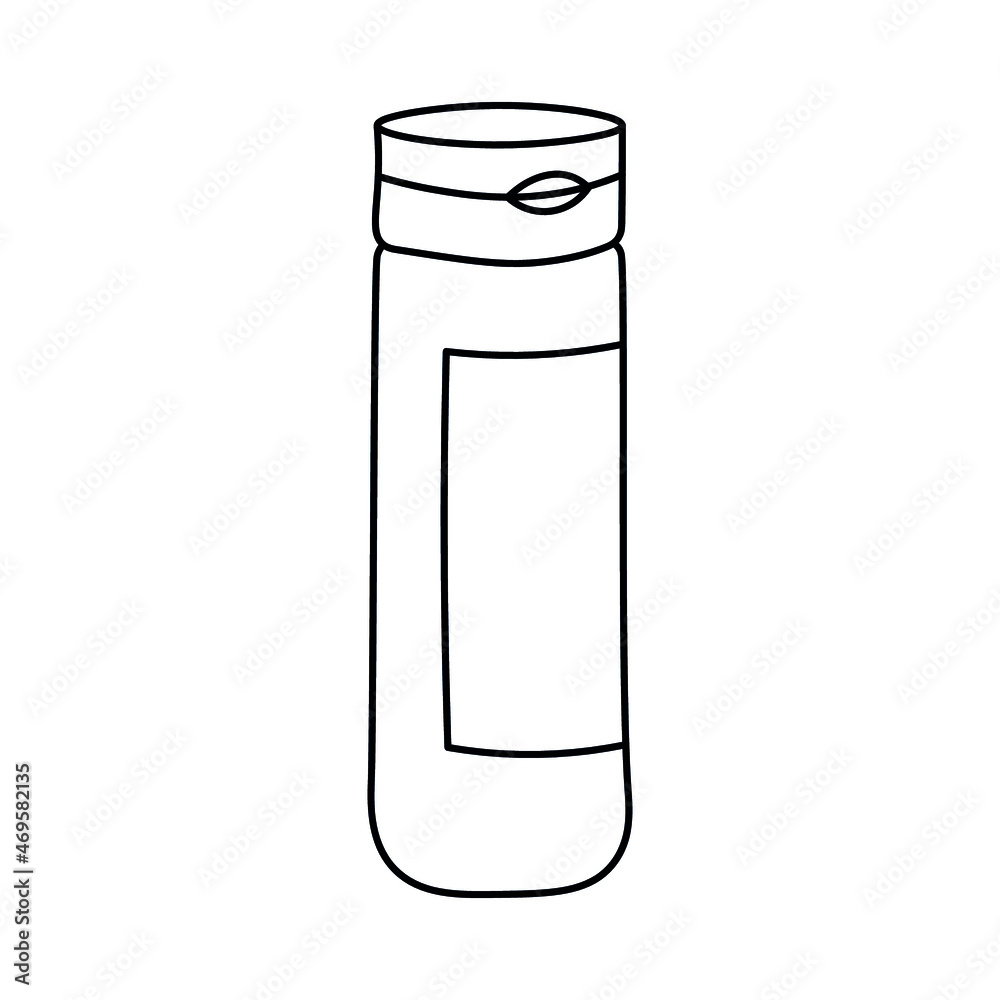 Vector illustration. A simple drawing of a plastic bottle with an opening cap. Bottle with label. Black outline on a white background. Doodle style. Vector illustration. A simple drawing of a plastic bottle with an opening cap. Bottle with label. Black outline on a white background. Doodle style.