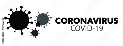 Vector of CORONAVIRUS COVID-19 with germs on left hand side in black and dark grey on white background. Global pandemic, sickness, infection.