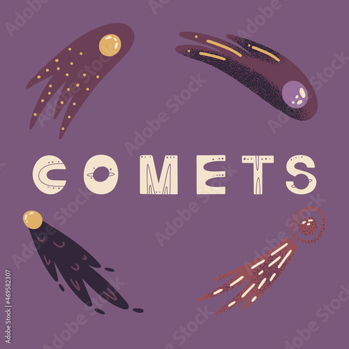 Set with space comets. Vector illustration for posters, prints and cards