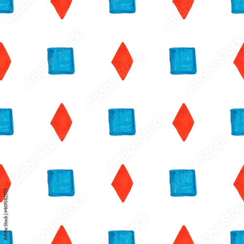 Geometric seamless pattern with small blue hand painted squares and red rhombuses on white background. For textile, print, etc.