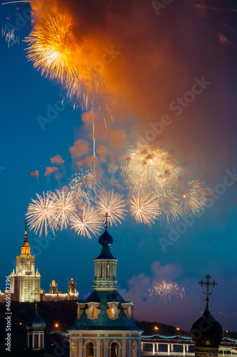 Fireworks over St. Andrew's Monastery in front of Moscow State University from the observation deck of the Russian Academy of Sciences © irimeiff