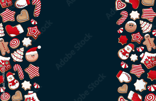 Gingerbread cookies background. Christmas cookies banner. Many types christmas sweets. Happy New Year delicious pattern. Gingerbread house, gingerbread man cookies backdrop. Christmas glazed cookie wa