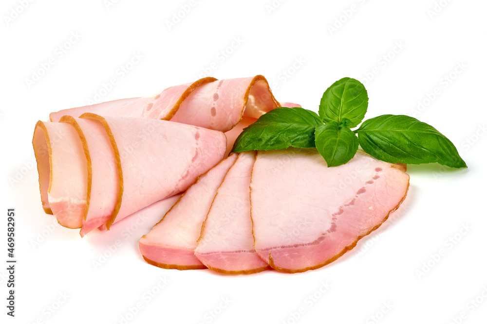 Sliced smoked pork loin, isolated on white background.