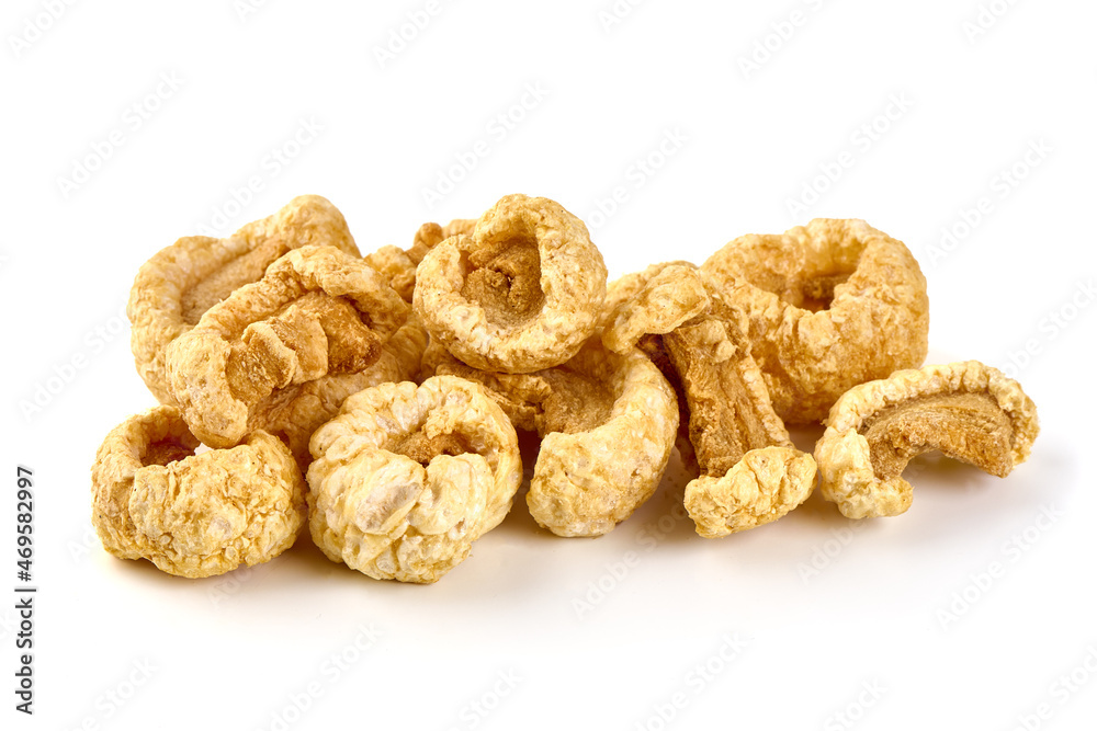 Pork snack, pork rind, pork scratching, pork crackling, isolated on white background. Pork snack, pork rind, pork scratching, pork crackling, isolated on white background.