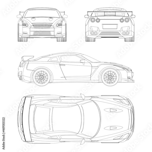 Coupe sport car vector template. Sport car blueprint. Car on white background. Mockup template for branding. Blank vehicle branding mockup. photo