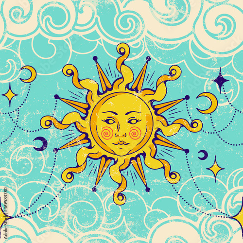 Vector celestial magic seamless pattern with sun, surreal sky, mystical moon, chinese clouds, stars. VintageTarot isoteric background for fabric, wallpaper, packaging, astrology, phone case, wrapping 