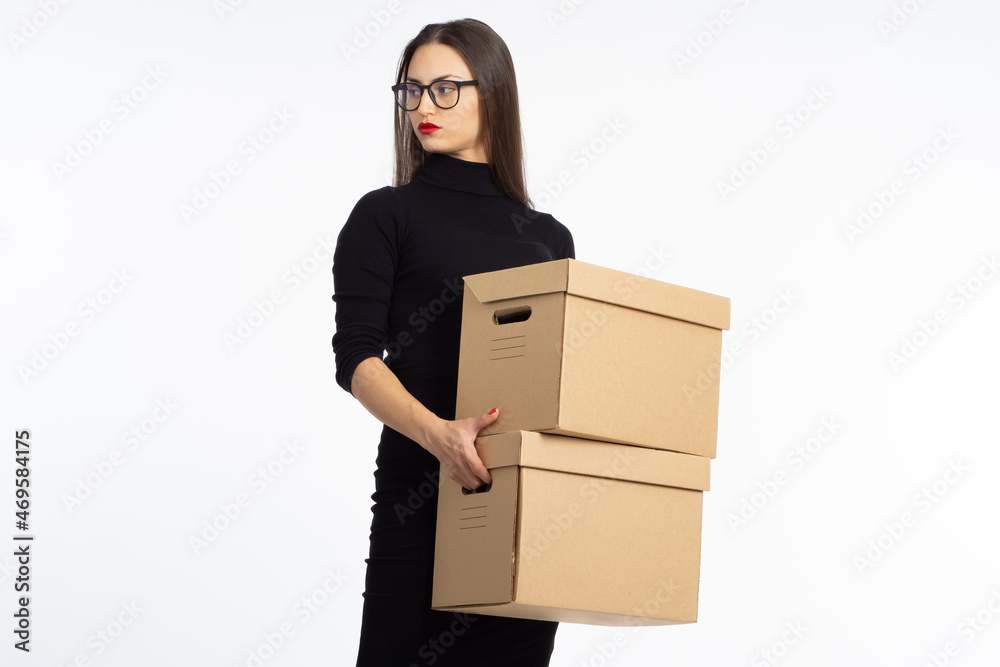 Woman box. Businesswoman with cardboxes. Girl on white background. Woman business owner concept. Business owner with archived cardboxes. Boxes for documents in hands of business owner