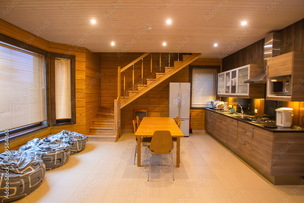 Living room interior. Country house kitchen interior. Kitchen is ...