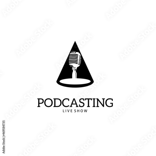 microphone stand on spotlight logo podcasting logo template black silhouette,