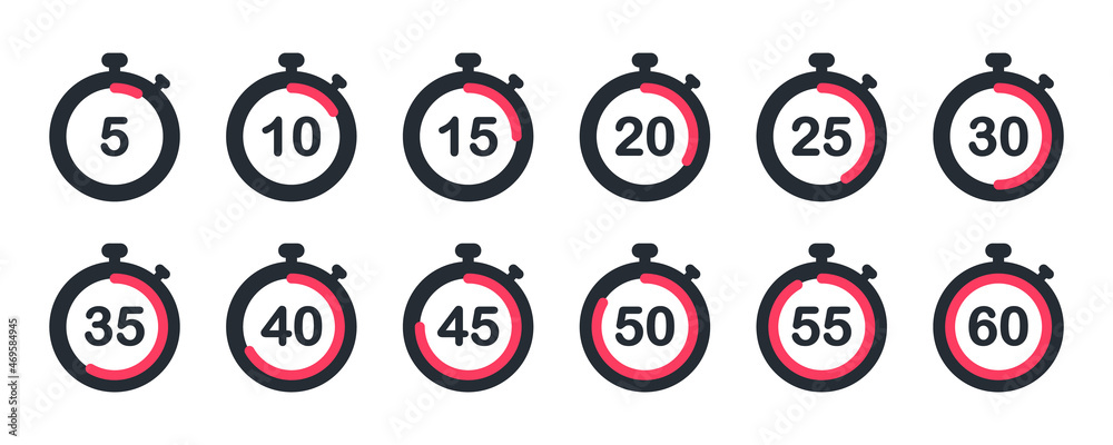 Set of stopwatch and timer or clock. Stopwatch icons set. Vector illustration. Set of stopwatch and timer or clock. Stopwatch icons set. Vector illustration.