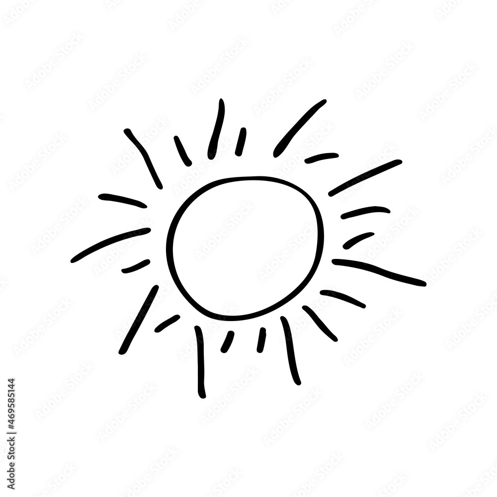 Obraz premium Summer doodle sun. Nice warm weather. Sunburn on vacation. Hand drawn thin line art vector illustration. Isolated simple element.