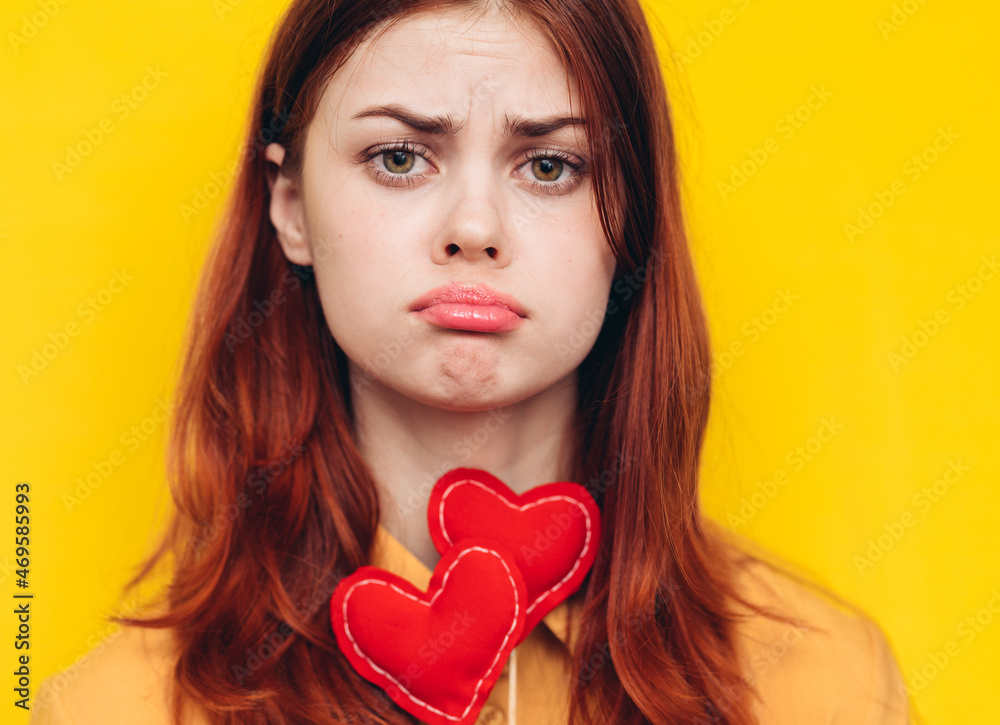 pretty woman heart on a stick emotions holiday yellow background pretty woman heart on a stick emotions holiday yellow background