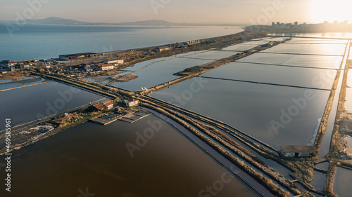 Burgas Saltworks viewed from above during sunset on a sunny November day photo