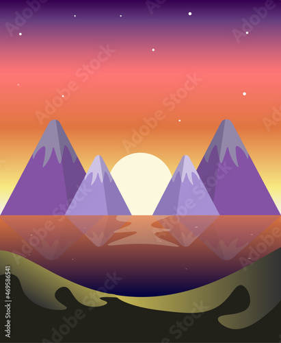 mountain landscape illustration, sunset in the mountains