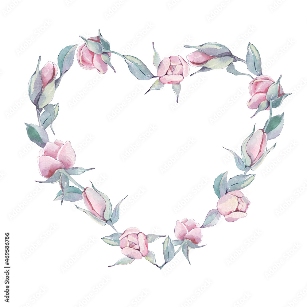 Peonies flowers and buds. Spring, summer heart wreath. botanical illustration. Wedding invitation frame, birthday card design. Watercolor hand painted isolated elements on white background. Peonies flowers and buds. Spring, summer heart wreath. botanical illustration. Wedding invitation frame, birthday card design. Watercolor hand painted isolated elements on white background.