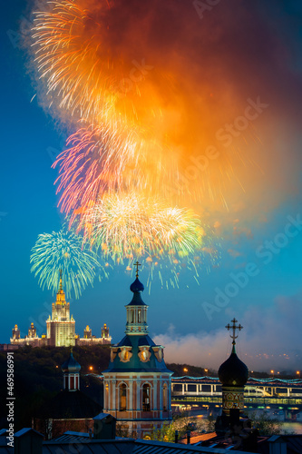 Fireworks over St. Andrew's Monastery in front of Moscow State University from the observation deck of the Russian Academy of Sciences © irimeiff