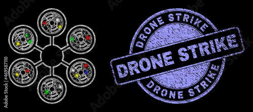 Glossy polygonal mesh web hexacopter icon with glitter effect on a black background with Drone Strike scratched stamp seal. Illuminated vector mesh created from hexacopter icon,