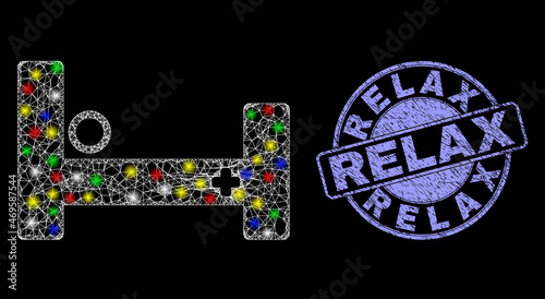 Glossy polygonal mesh net hospital bed icon with glitter effect on a black background with Relax scratched seal imitation. Illuminated vector mesh created from hospital bed symbol,