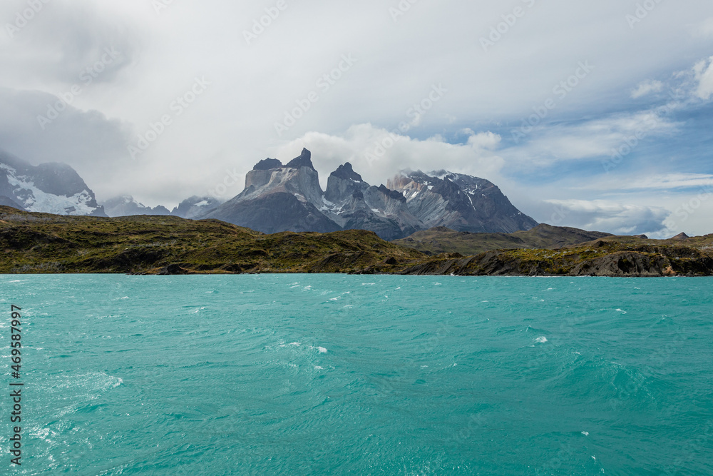 Turquoise water of Pehoe lake, Torres del Paine National Park, Chile