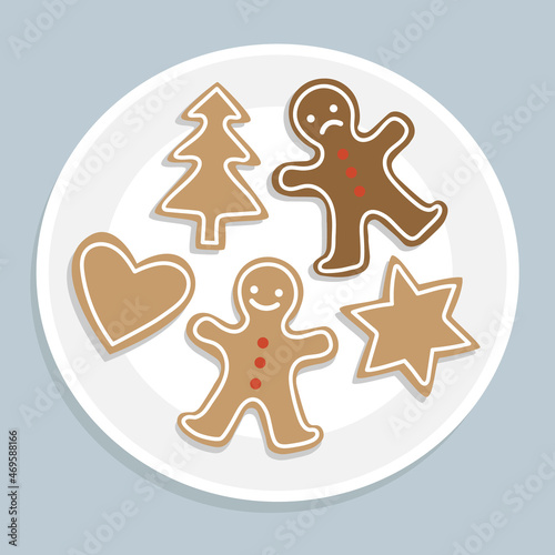 Christmas cookies on a plate. With one burnt gingerbread man.