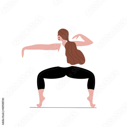 A girl with long hair stands in a ballet position. The concept of ballet fitness development.