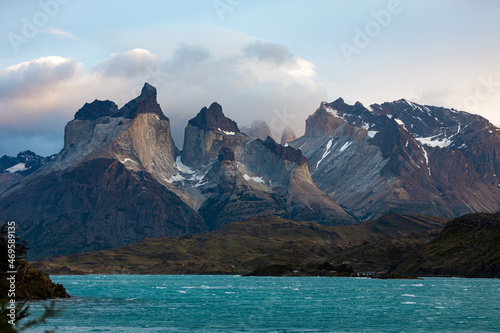 View of the Torres del Paine from Lake Pehoe, Torres del Paine National Park, Chile