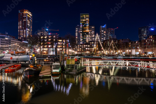 Night photo of the Maritime District in Rotterdam, Netherlands