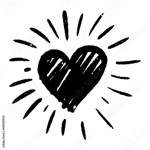 Hand drawn grunge love heart with rays isolated on a white background. vector illustration.