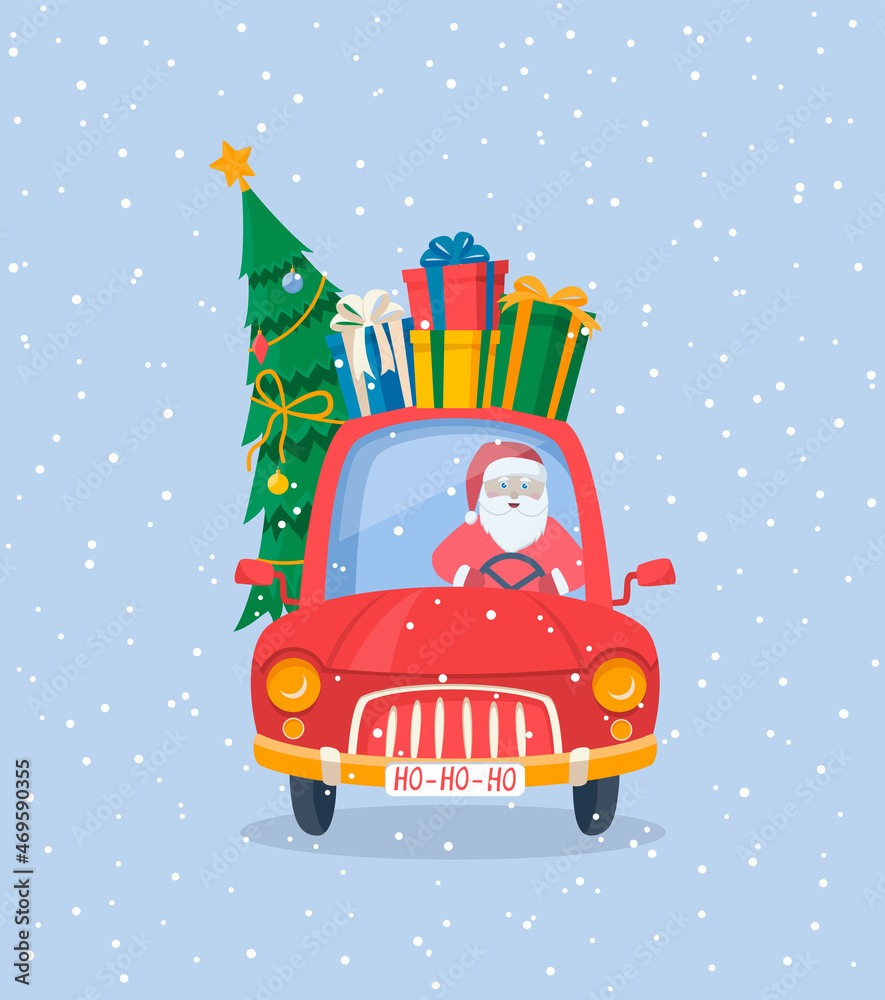Christmas red car with Santa Claus, gift boxes and christmas tree. Merry christmas.  Flat cartoon style vector illustration. Christmas card. 