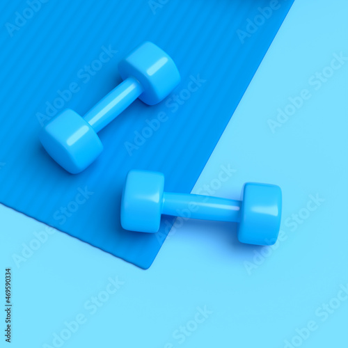 Isometric view of sport equipment like yoga mat and dumbbell on blue