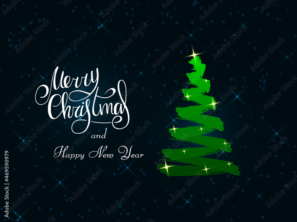 Handwritten white lettering on a dark blue background. Magic white Christmas tree made of brush strokes with sparcles stars. Merry Christmas and Happy New Year 2022.